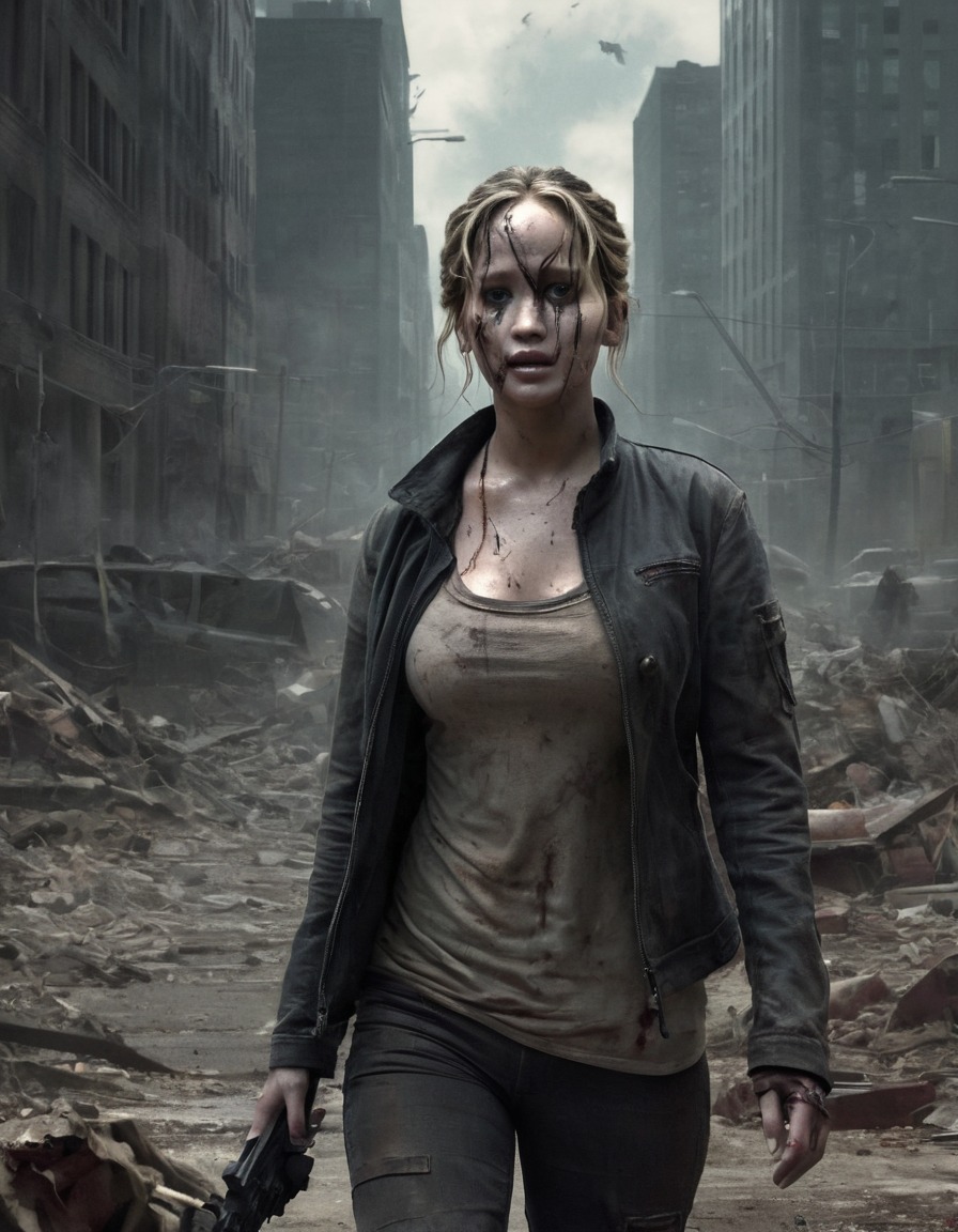 jennifer lawrence, zombie, post-apocalyptic, cityscape, celebrities