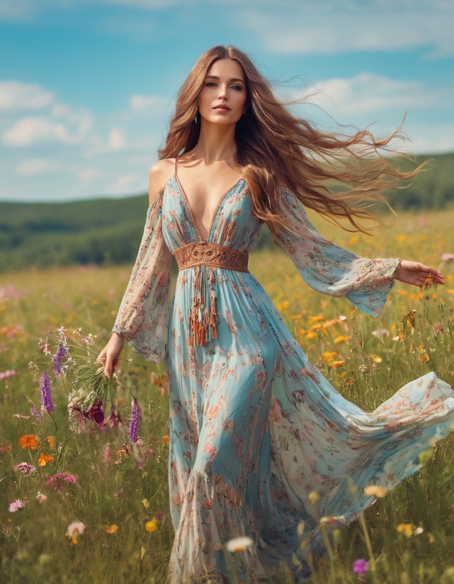 nature, beauty, bohemian, wildflowers, posing, woman