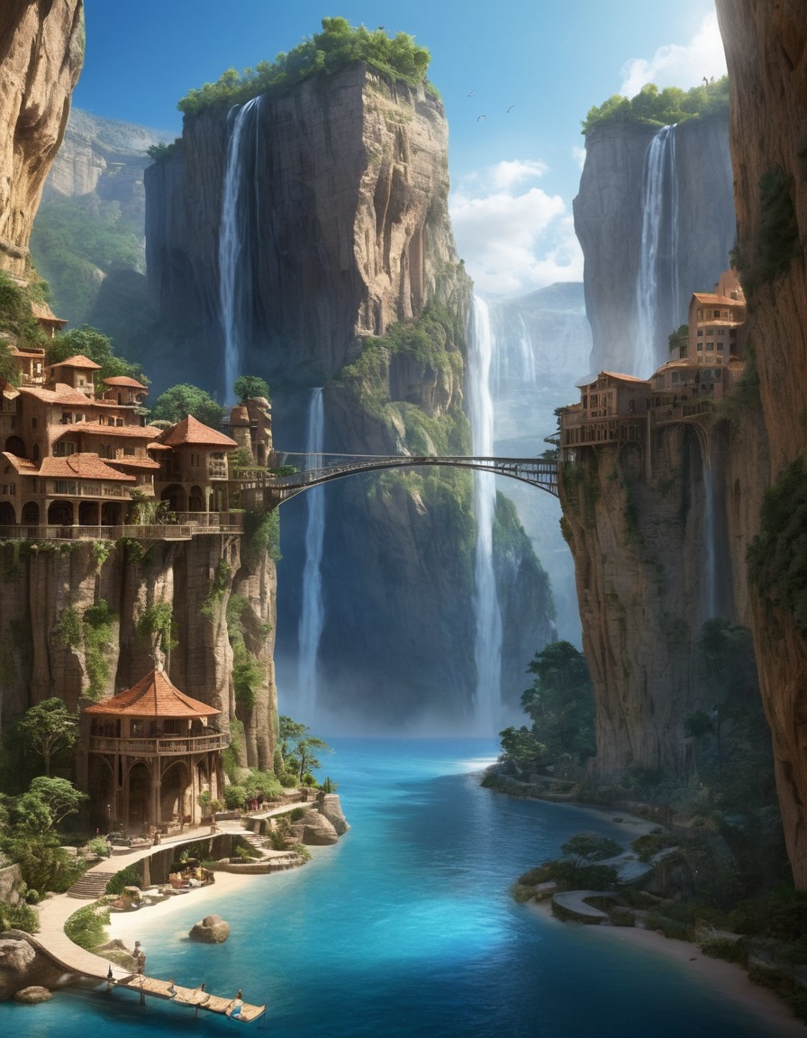 cityscape, cliff, bridges, waterfalls, architecture, nature, fantasy, fantastic