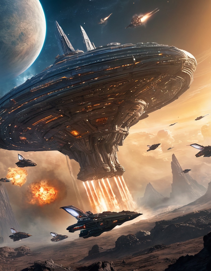 space, massive starship, epic battle, alien fleet, sci-fi, space scene, intergalactic war