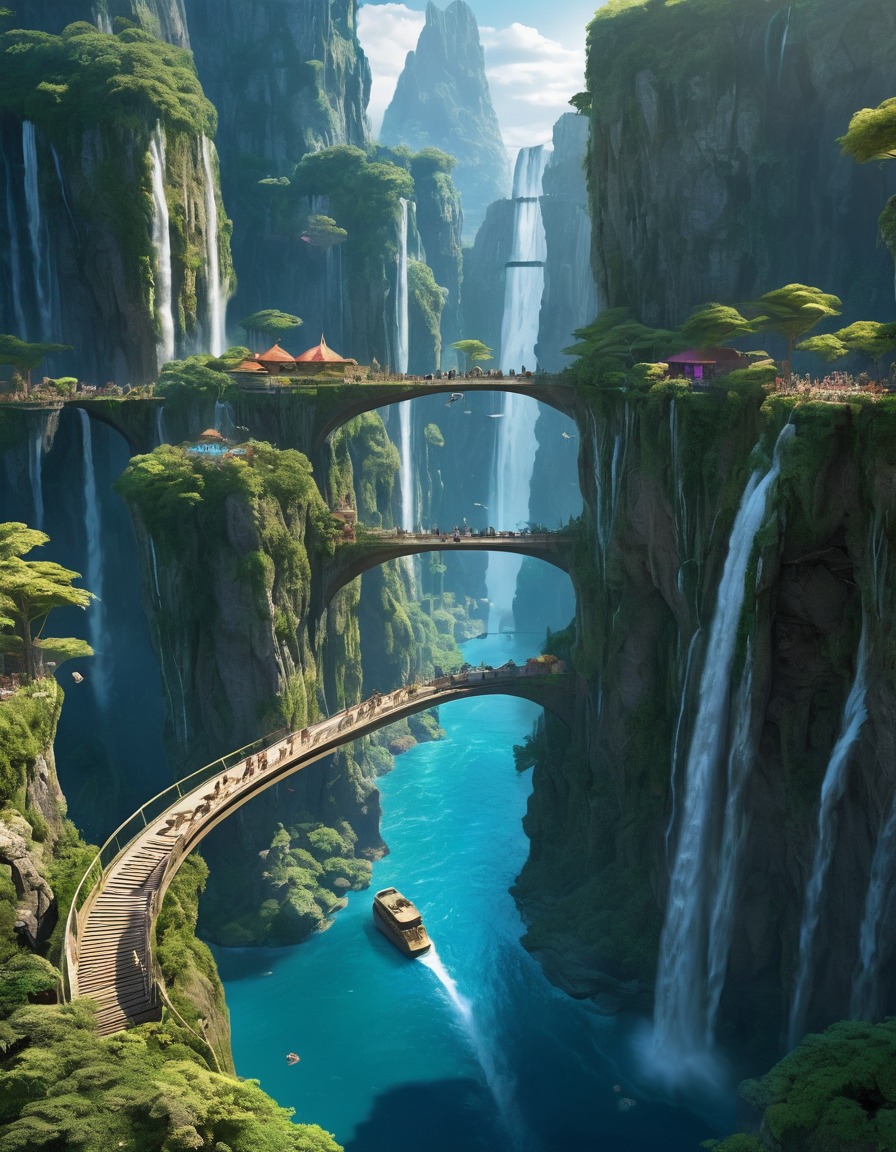 alien city, colossal cliff, cascading waterfalls, floating gardens, extraterrestrial, aliens