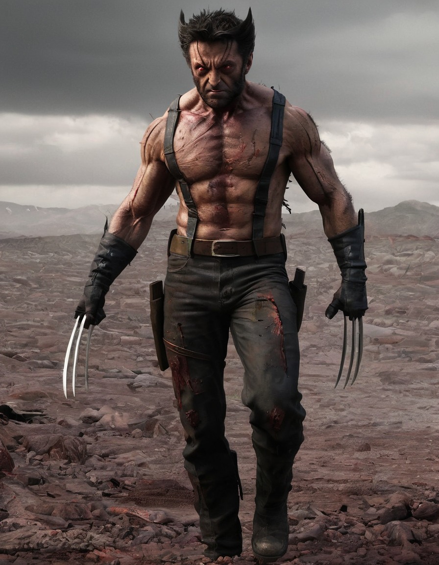 wolverine, marvel, superhero, post-apocalyptic, decaying flesh, glowing eyes, desolate landscape, zombie