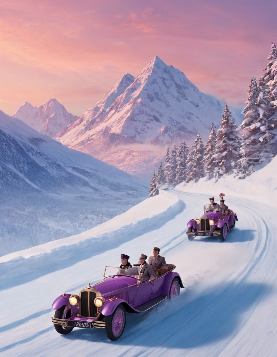 the grand budapest hotel, movie scene, zero, m. gustave, snowy mountain, thrilling chase scene, movies