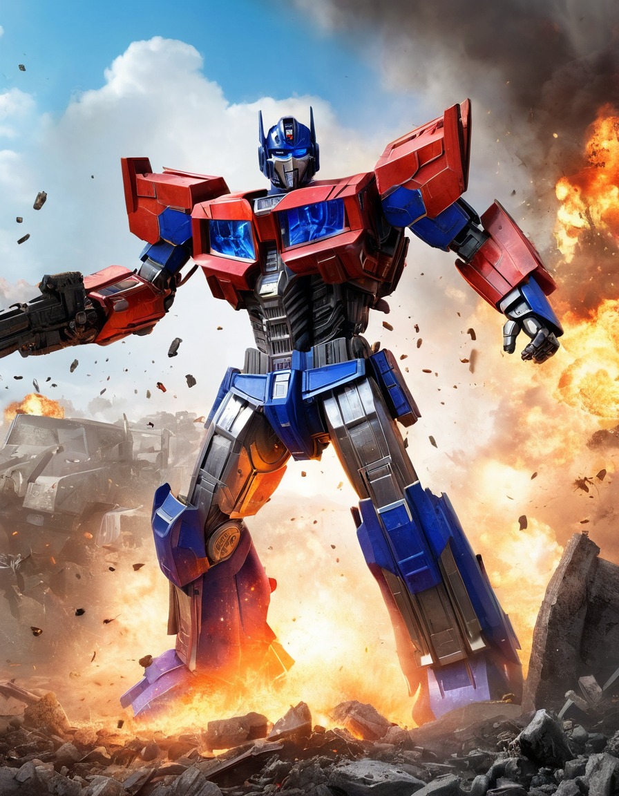 optimus prime, transformers, battle, explosions, debris, robots, games, movies