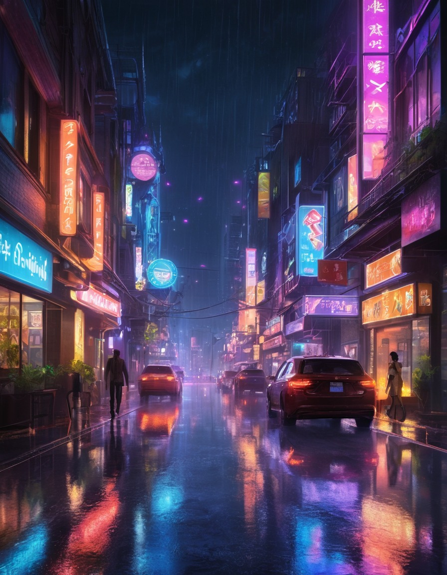 cityscape, urban, nightlife, neon lights, rain reflections