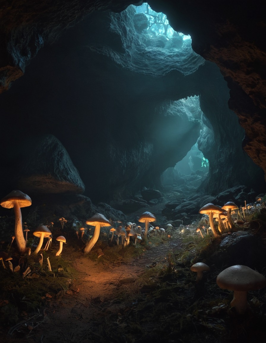 mystical, glowing mushrooms, cave, illumination, nature, fantasy, enchantment