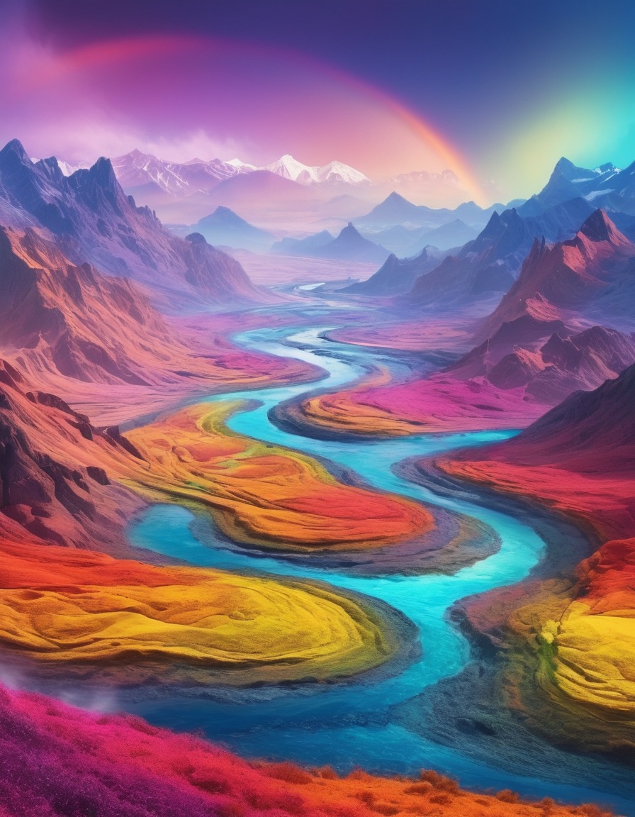 fantasy, rainbow, river, landscape, colors, fantastic