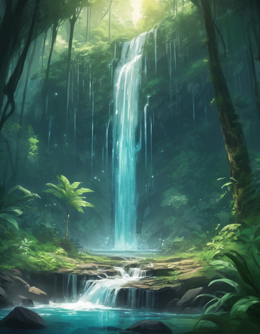 nature, waterfall, crystal-clear, lush forest, sparkling