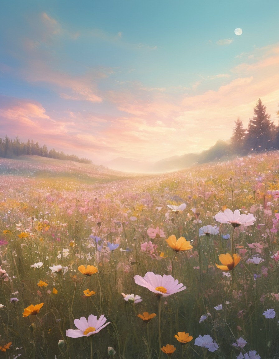 nature, wildflowers, field, dreamy, pastel-colored sky