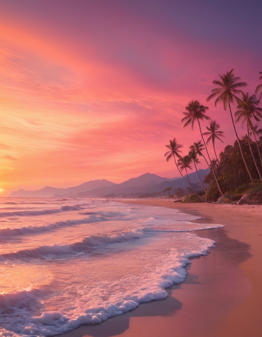 beach, sunset, tranquil, serene, waves