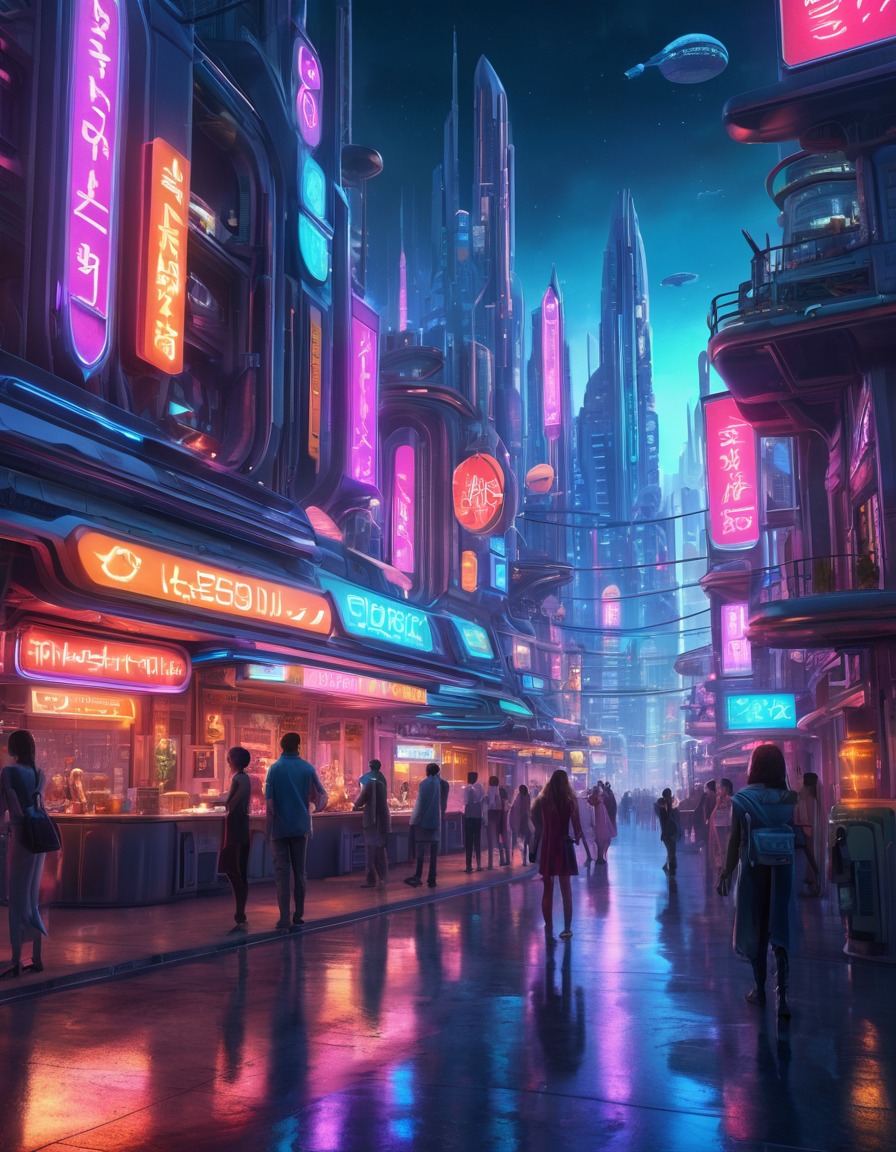 futuristic, cityscape, alien life, glowing neon signs, futurama