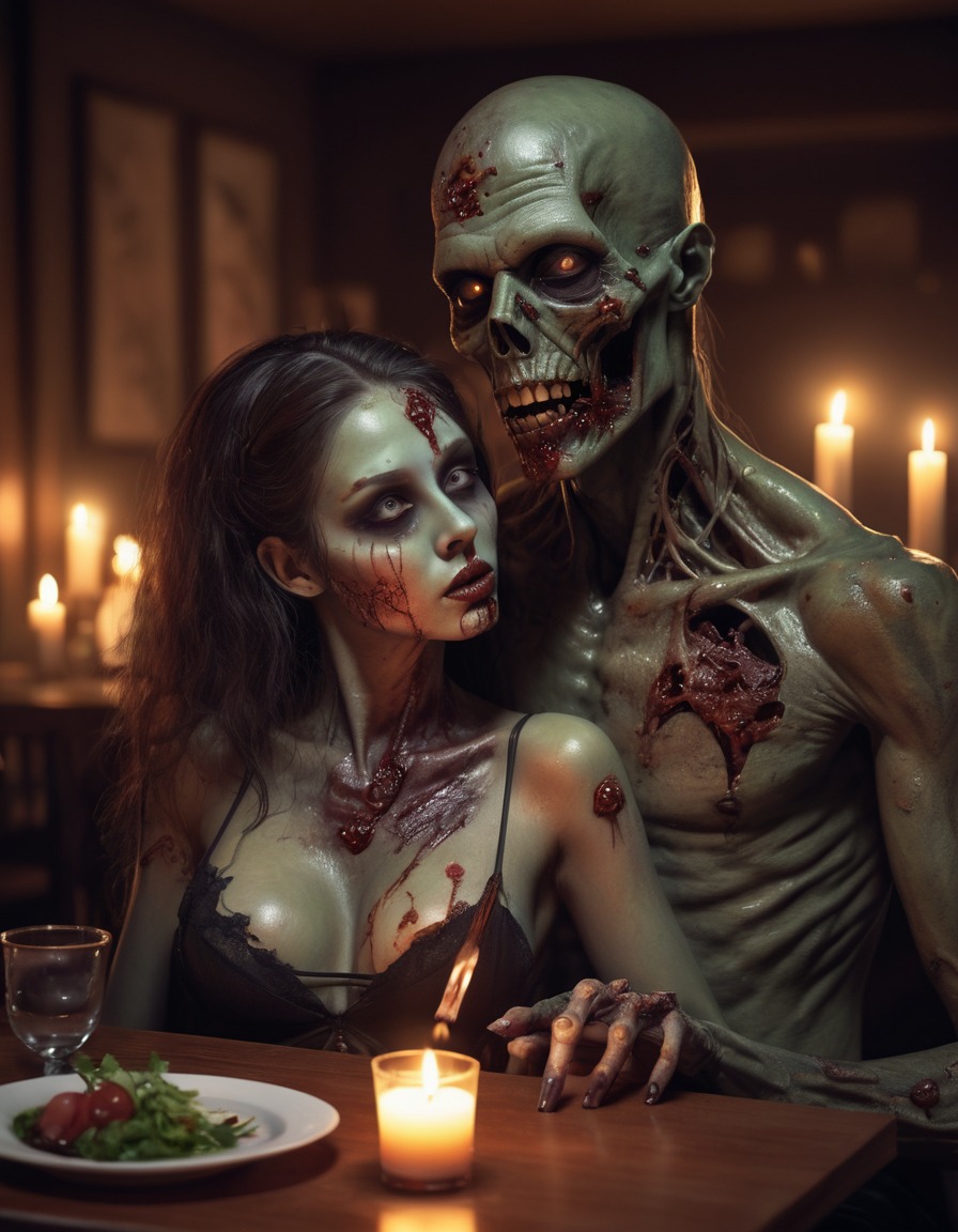 zombie, romantic, date, restaurant, candlelight