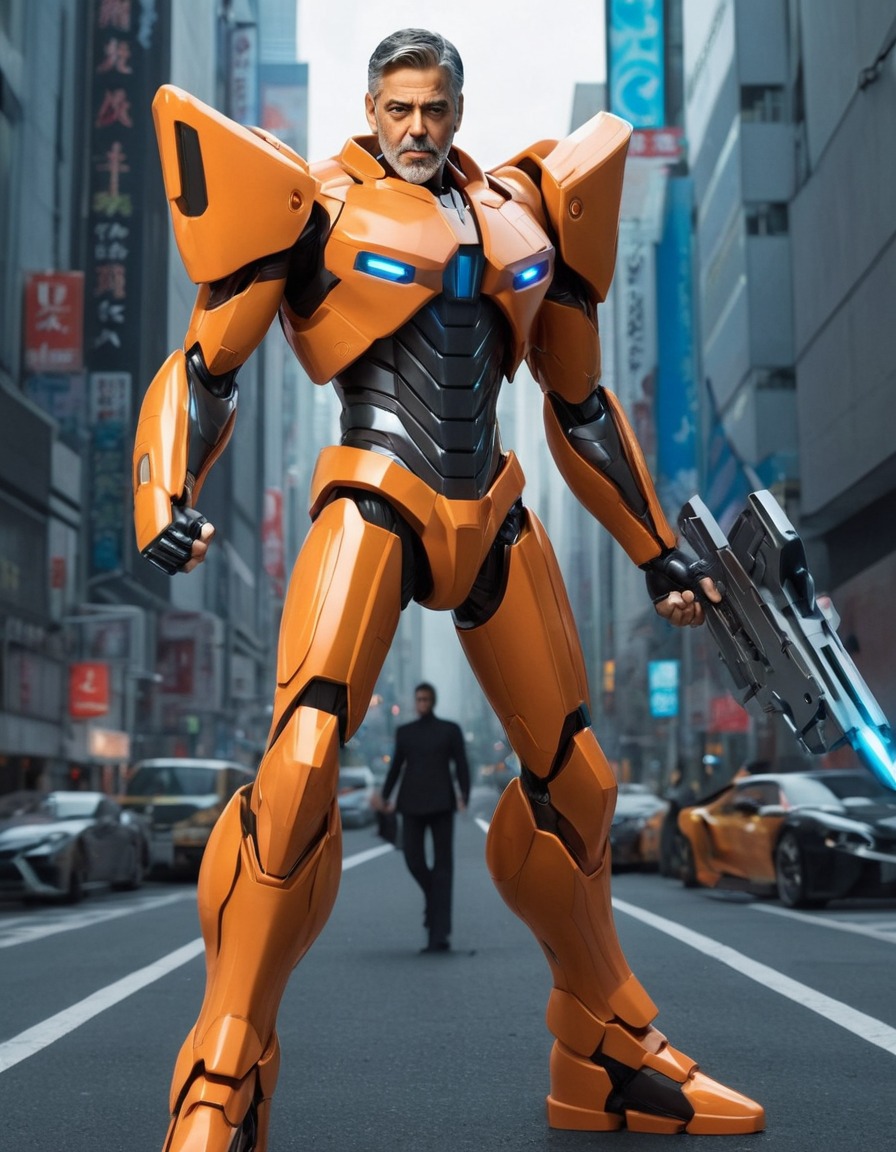 george clooney, futuristic, anime, hero, high-tech, gadgets, epic battle