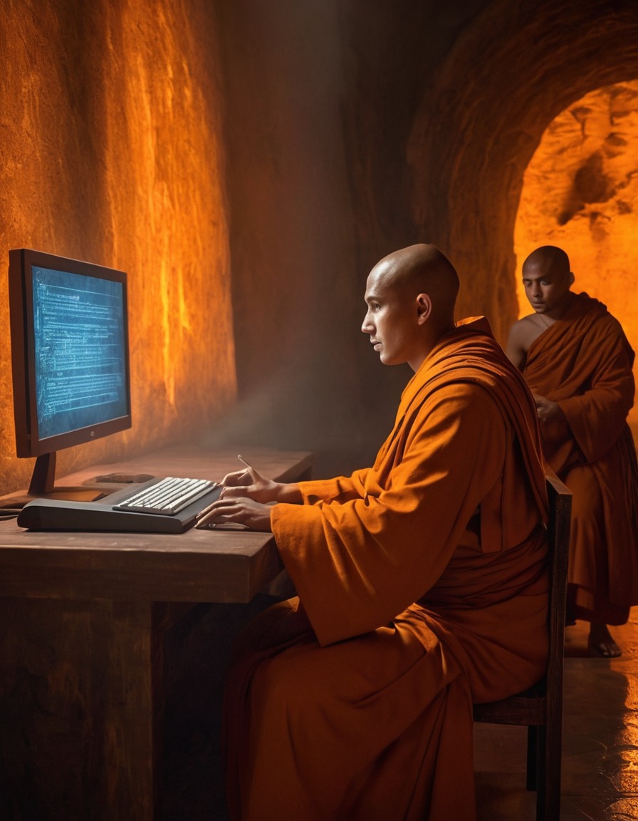 monks, computer, transcribing, ancient texts, medieval, art