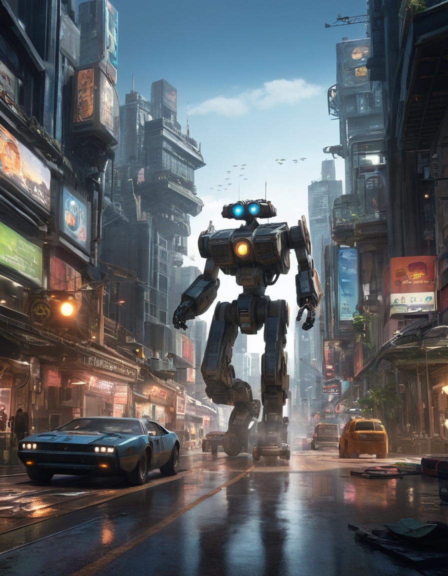 johnny 5, robot, futuristic, cityscape, exploration, robots, games, movies