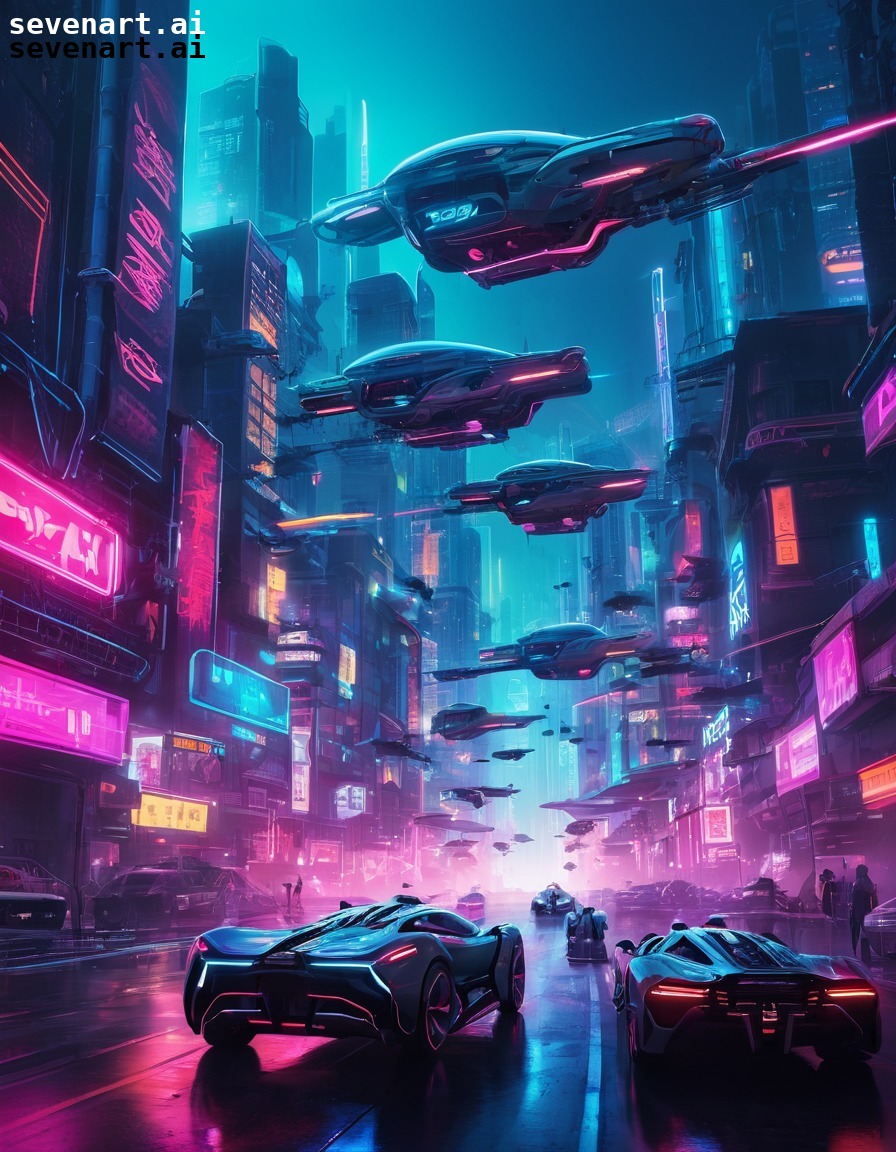 cyberpunk, futuristic, cityscape, neon lights, flying cars, future