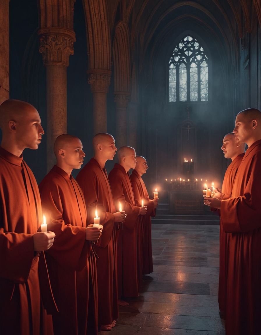 religion, monks, chanting, abbey, candlelit, middle ages