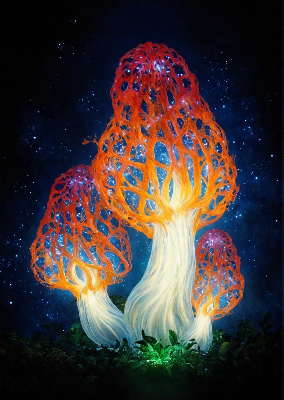 art, painting, stars, magical, mushrooms