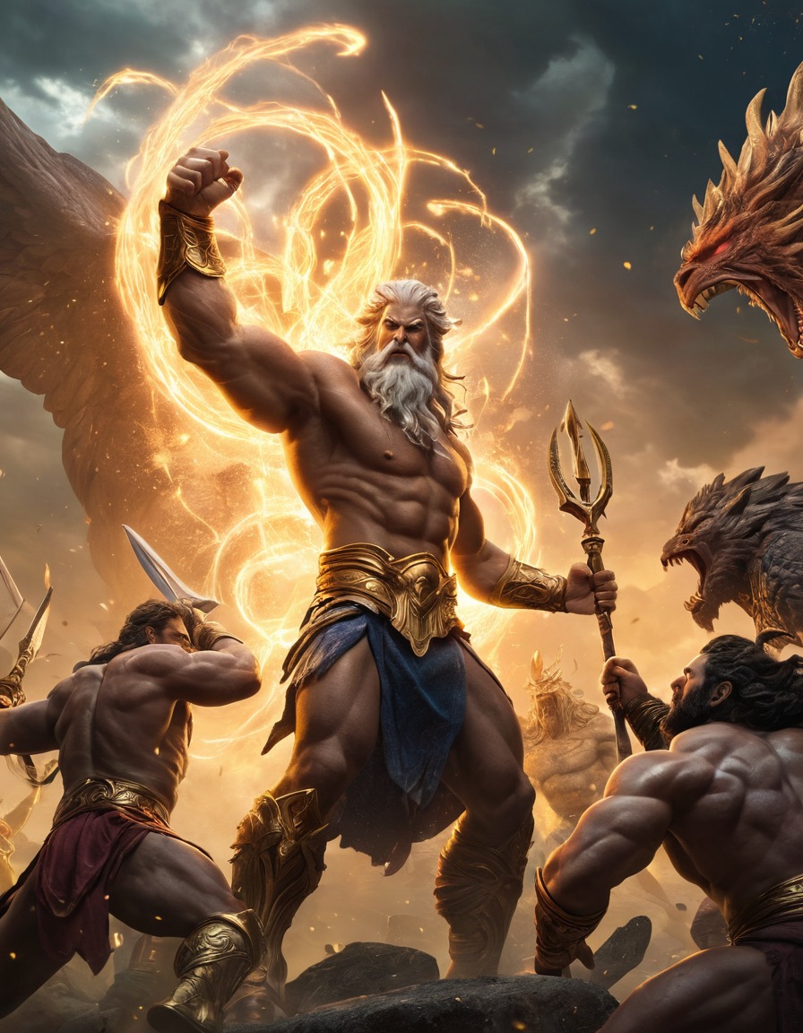 zeus, greek mythology, epic battle, monsters, mythical creatures, deities, divine conflict