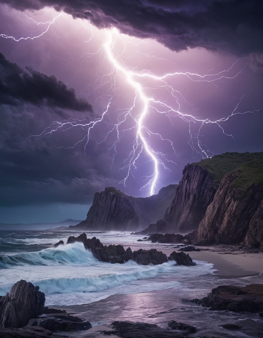 storm, lightning, coastline, nature, dramatic