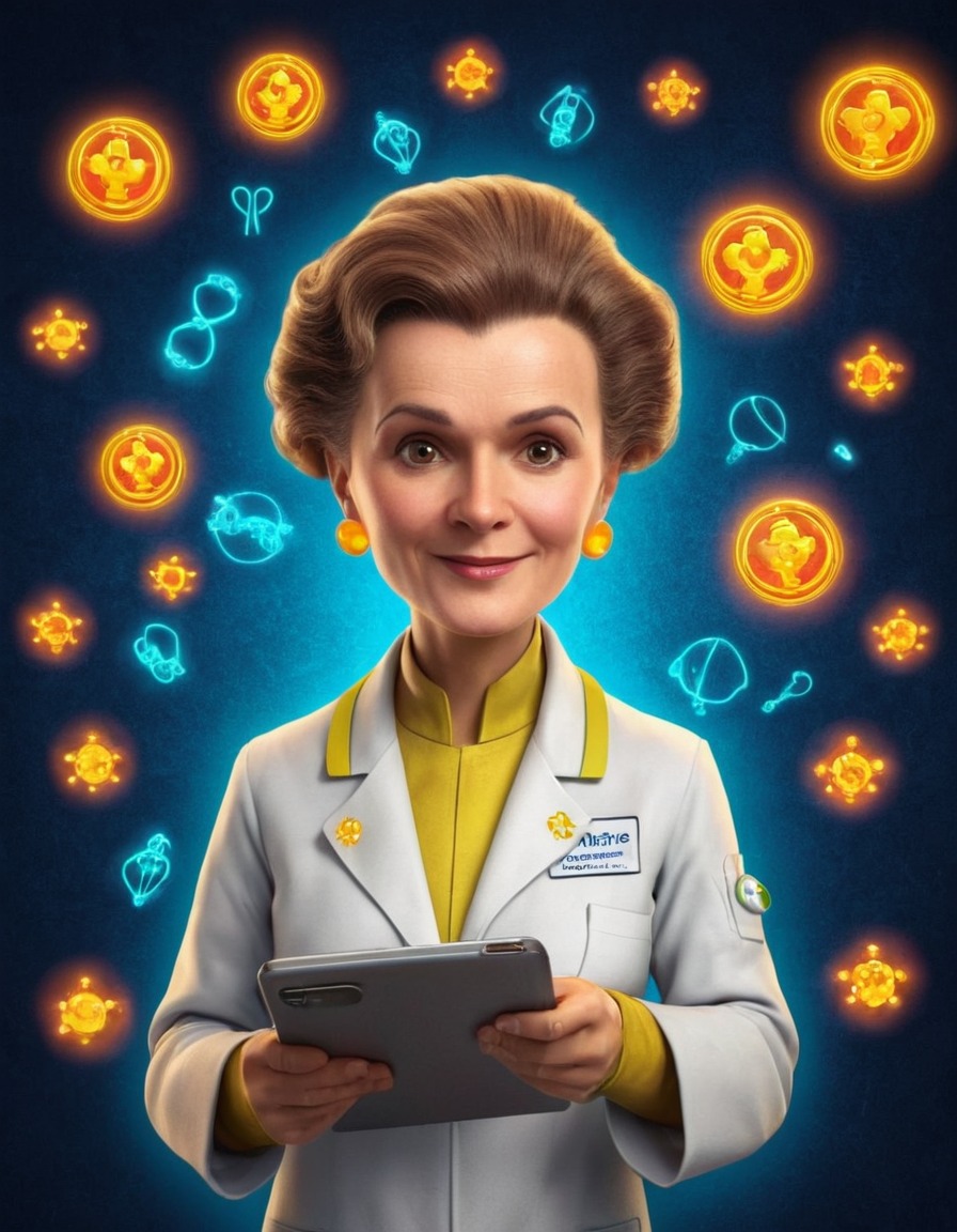 marie curie, caricature, lab coat, radioactive symbols, science, humor, funny