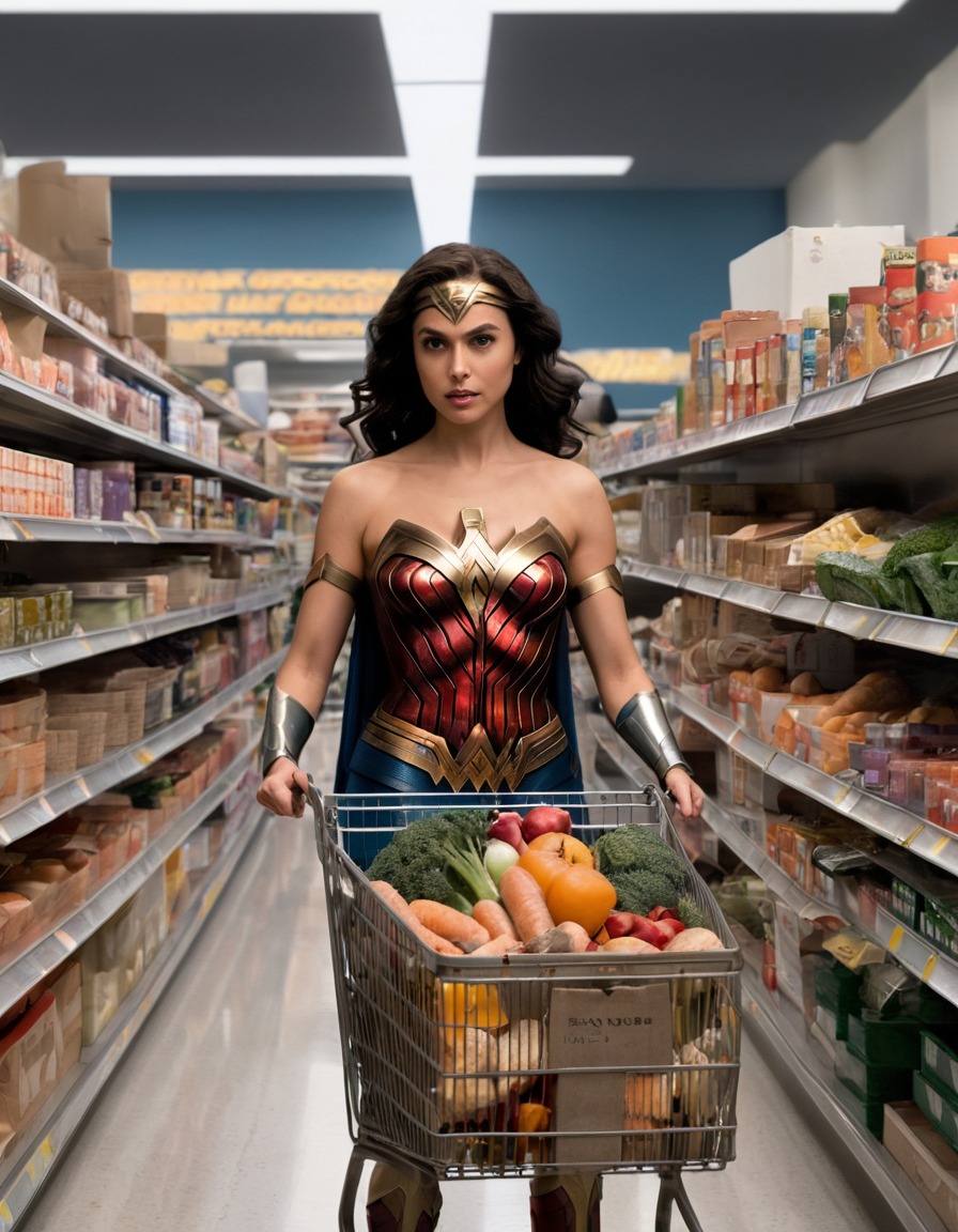 wonder woman, potluck dinner, grocery shopping, justice league, superheroes, superhero, superheroine, bikini