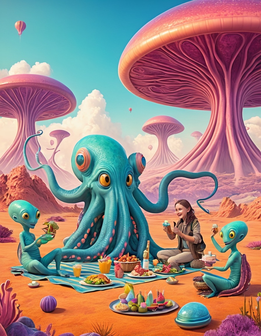 alien, family, picnic, colorful landscape, extraterrestrial, tentacles, aliens