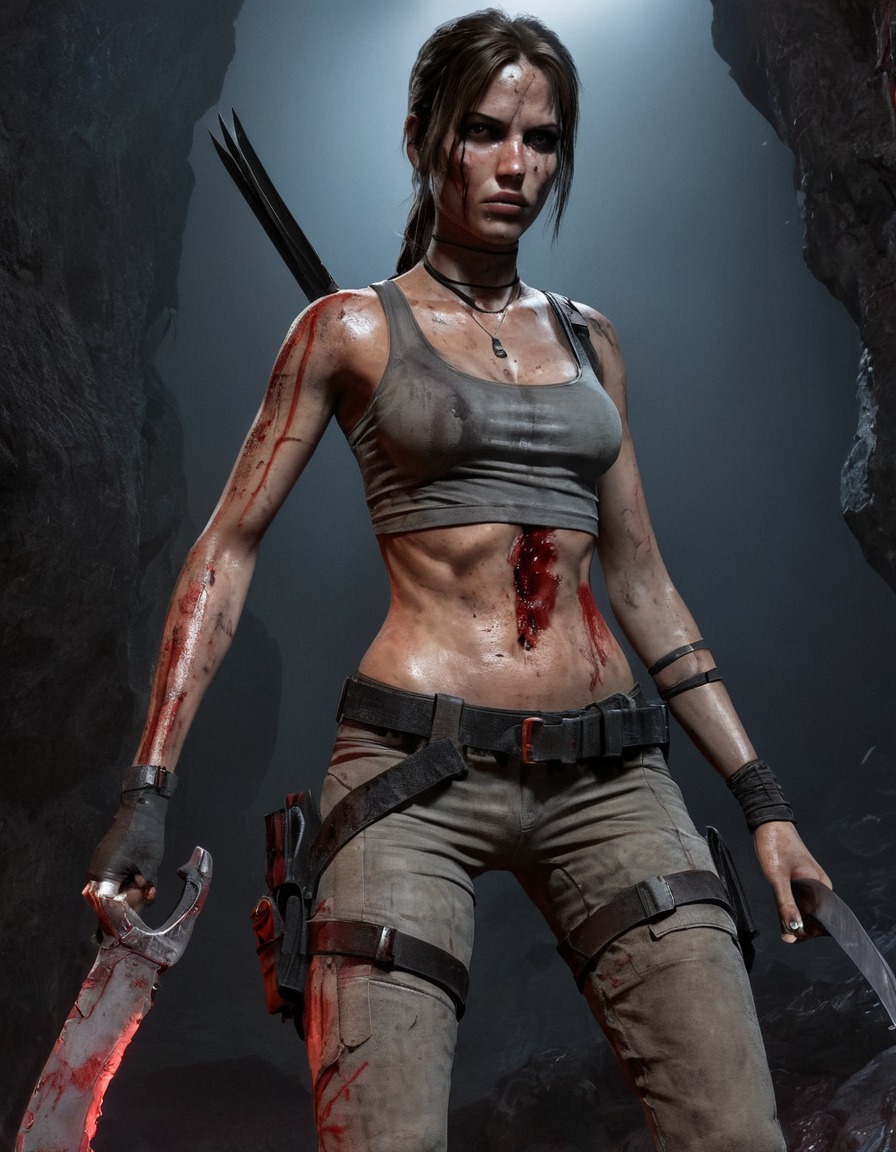 lara croft, tomb raider, horror, undead, video game character, machete, zombie