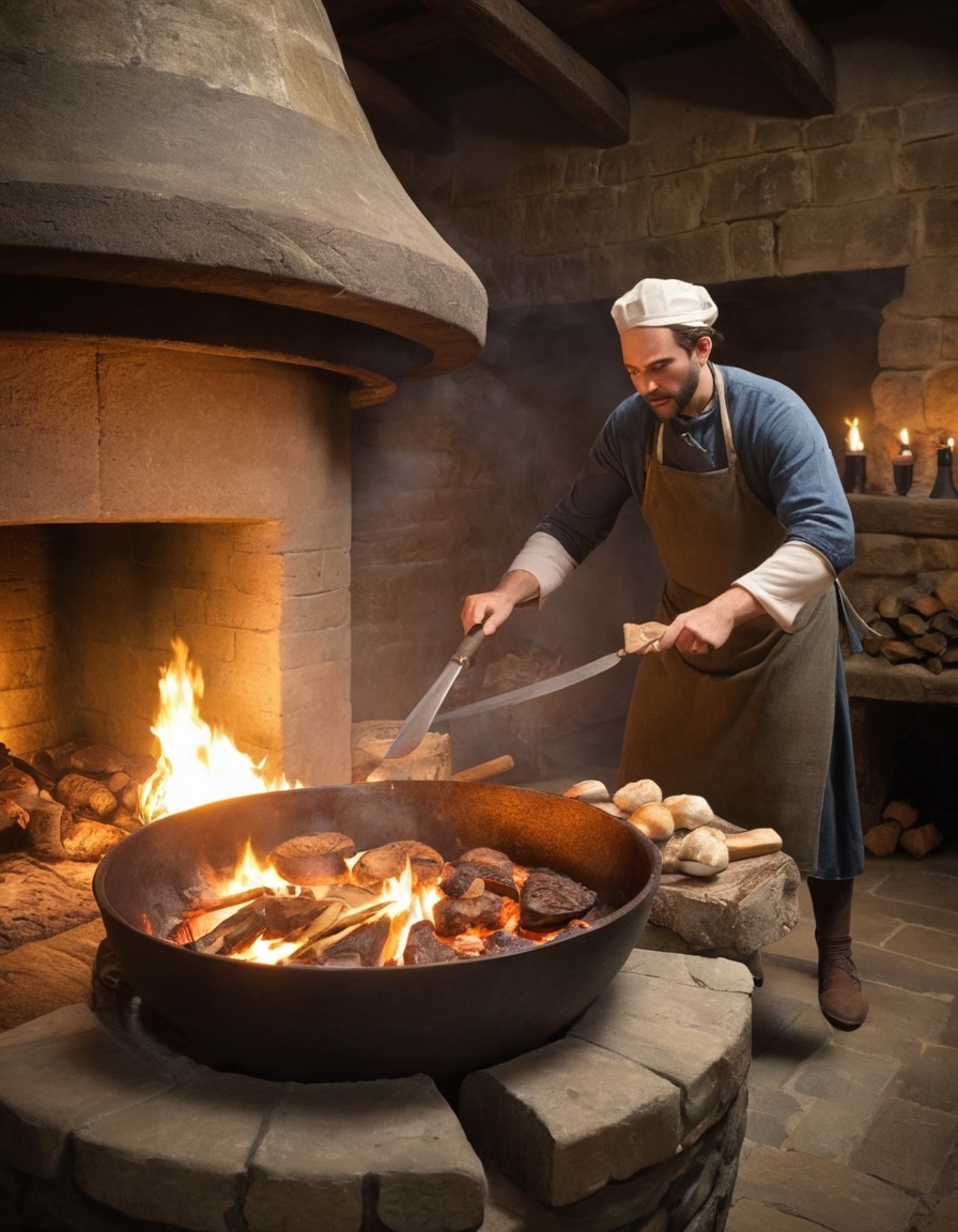 ancient cook, meal preparation, large hearth, medieval england, 1300 ad