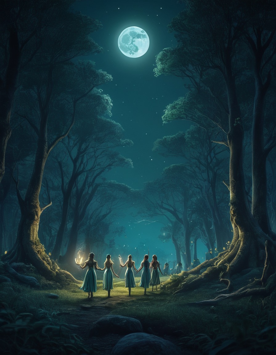 fantasy, woodland, elves, moonlight, dancing, john tolkien, tolkien