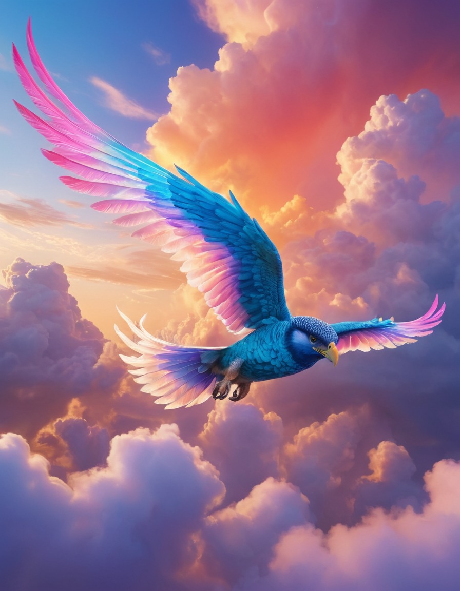 winged creatures, iridescent feathers, sky, multi-colored clouds, fantastic