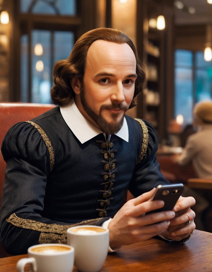 william shakespeare, texting, smartphone, coffee shop, modern, writer