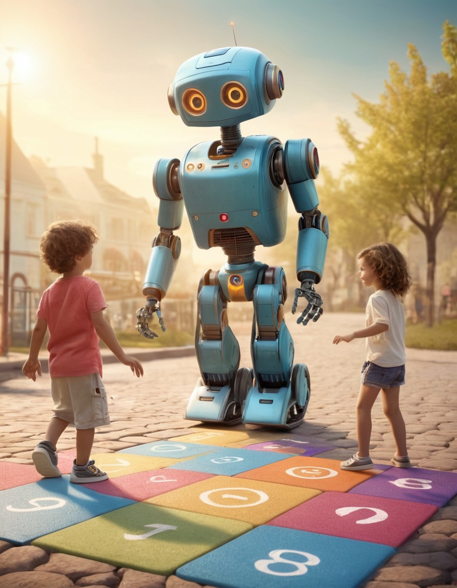 robot, hopscotch, children, playtime, artificial intelligence, technology, interaction