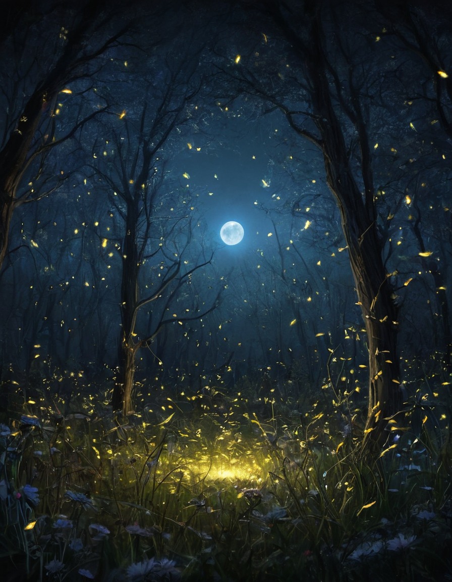 fireflies, glowing, moonlit, meadow, circle, mystical, nature