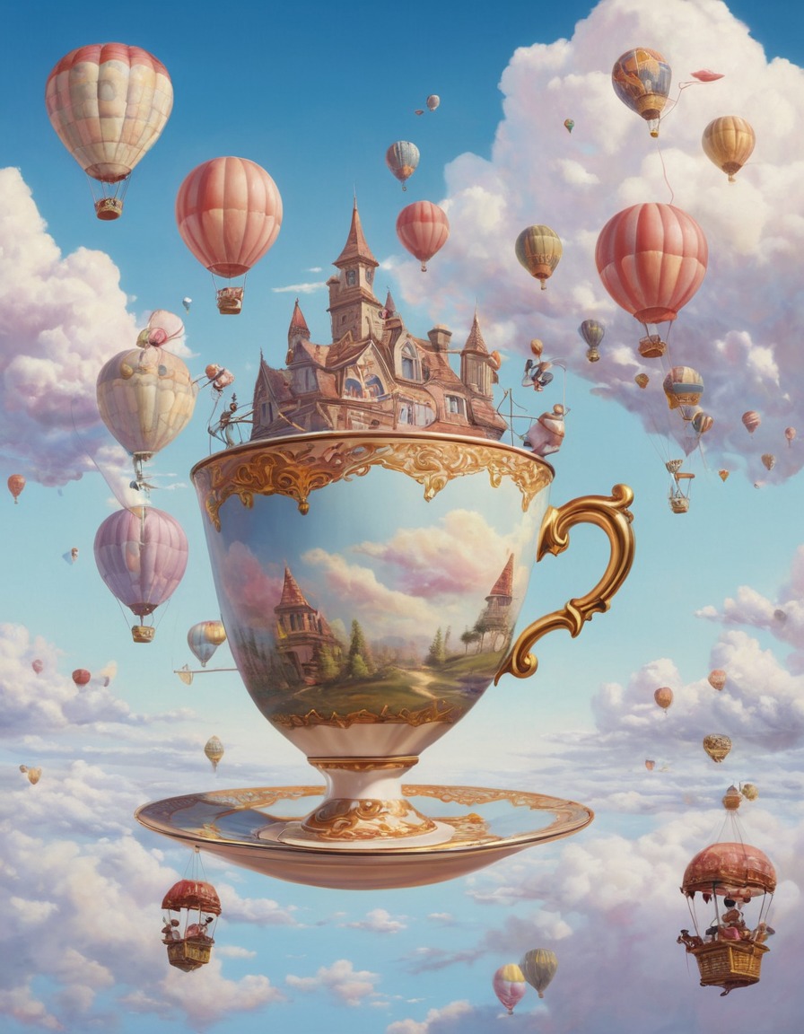 teacup, sky, hot air balloons, whimsical, surreal