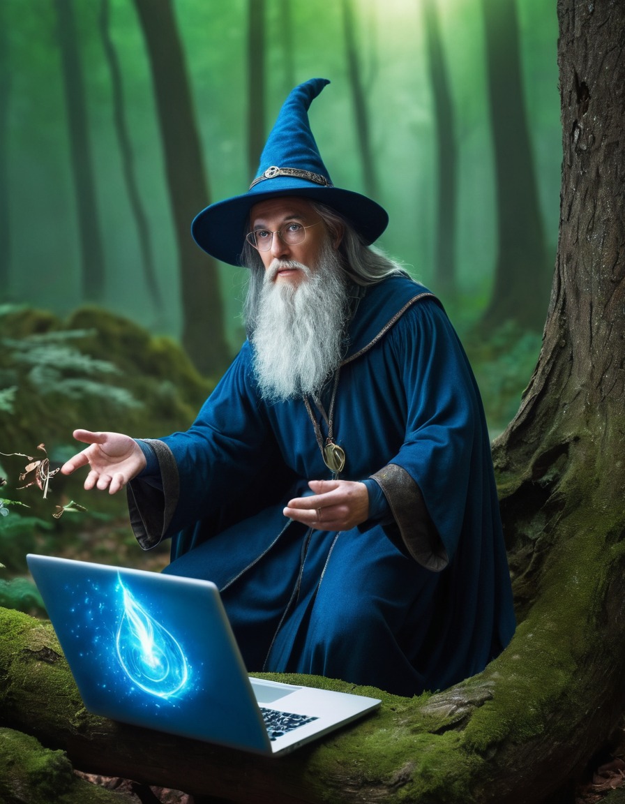 wizard, laptop, spells, magical forest, fantasy, medieval, technology, art