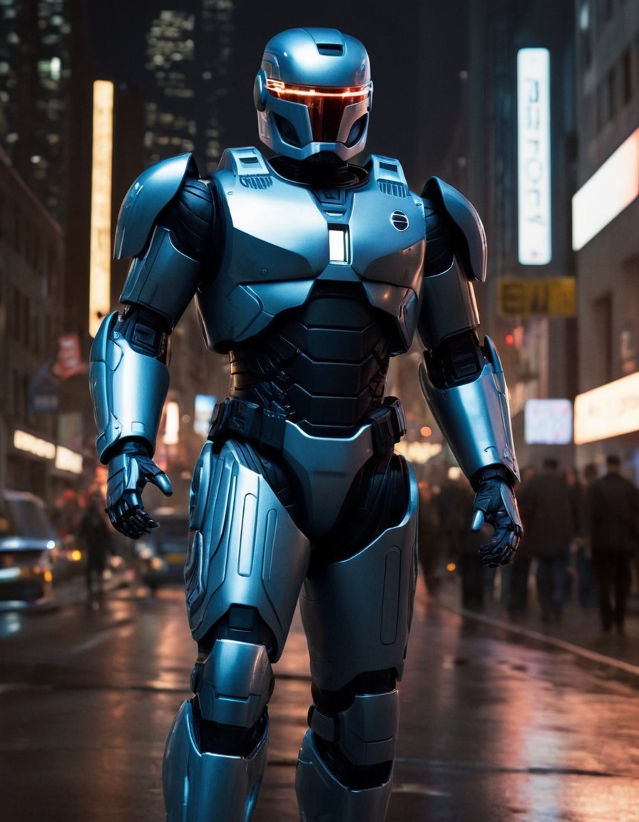 robocop, law enforcement, cyborg, future city, night patrol, robots, games, movies