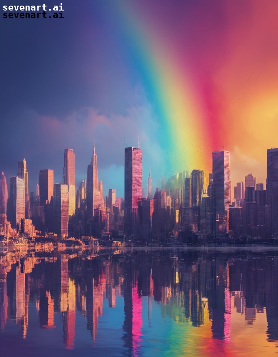 surreal, cityscape, melting, rainbow, sky, hallucination