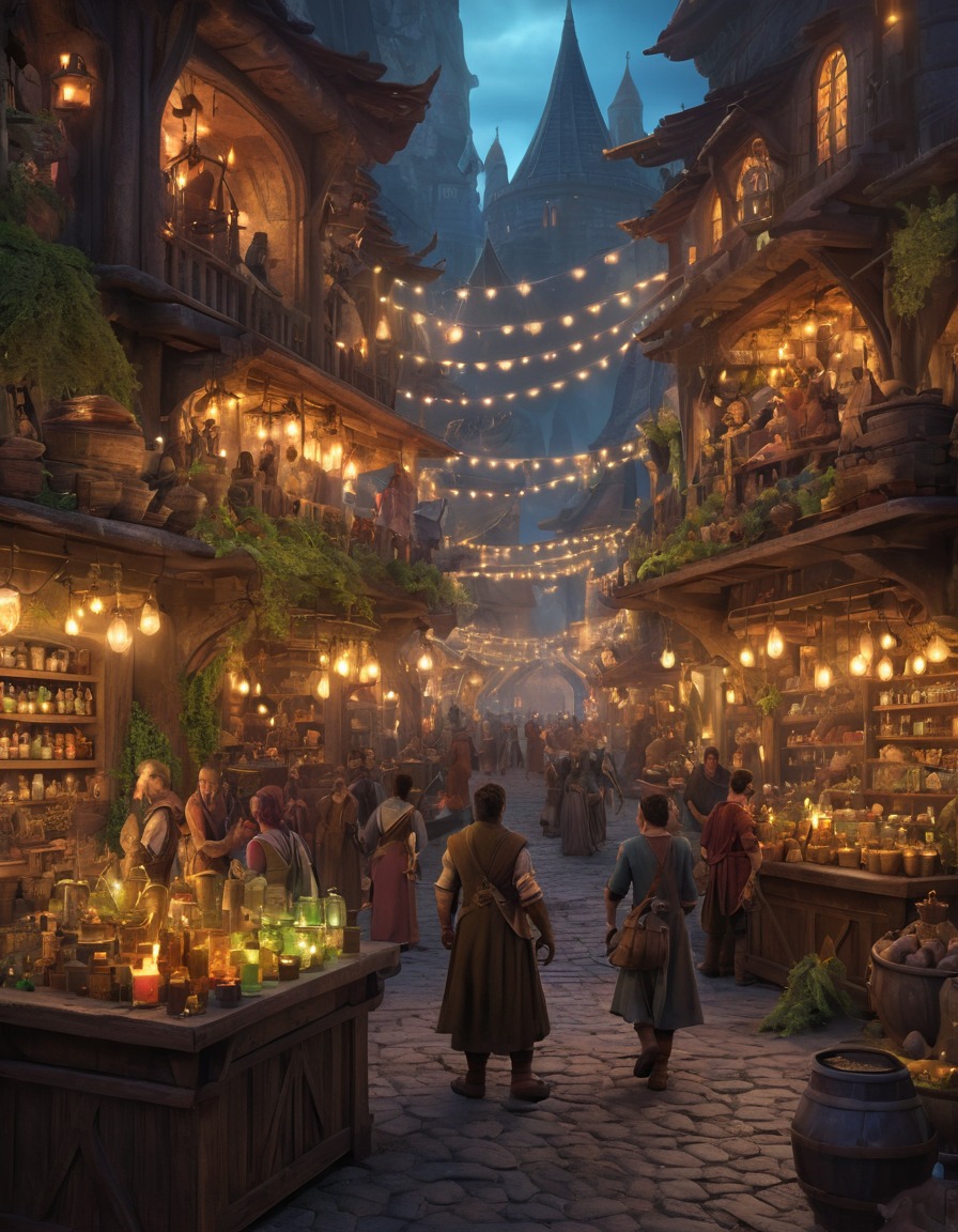 marketplace, potion sellers, spellcasters, mythical creatures, fantasy, magical, enchanting