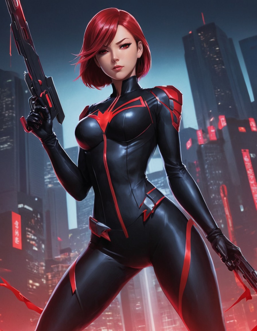 female superhero, sleek black suit, red accents, deadly weapons, comic character, anime, marvel