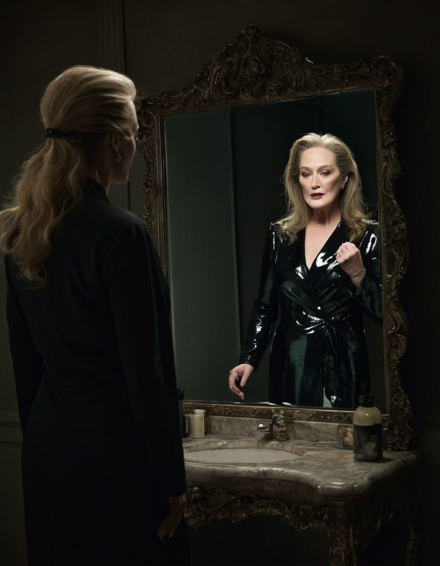 meryl streep, reflection, mirror, distorted, menacing, dimly lit room