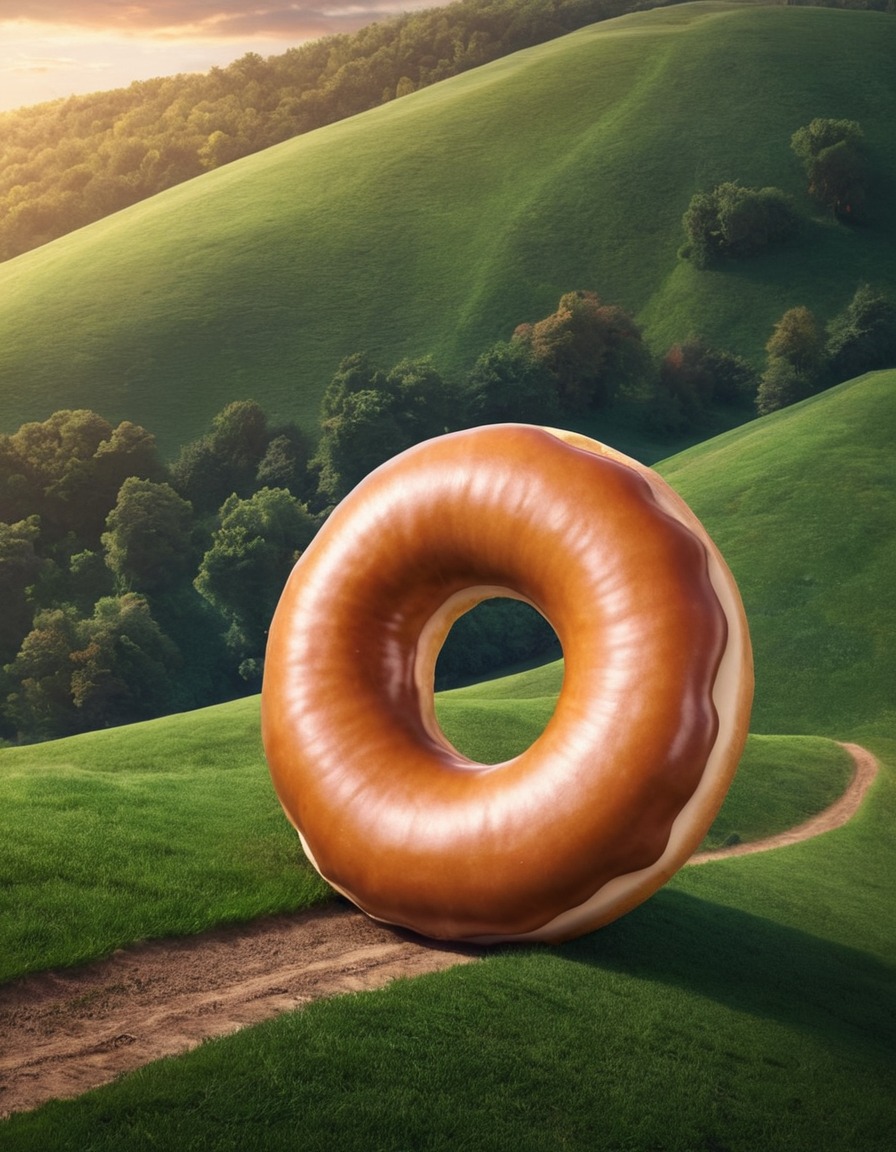 giant donut, rolling, hill, strange, unsual, food, surreal