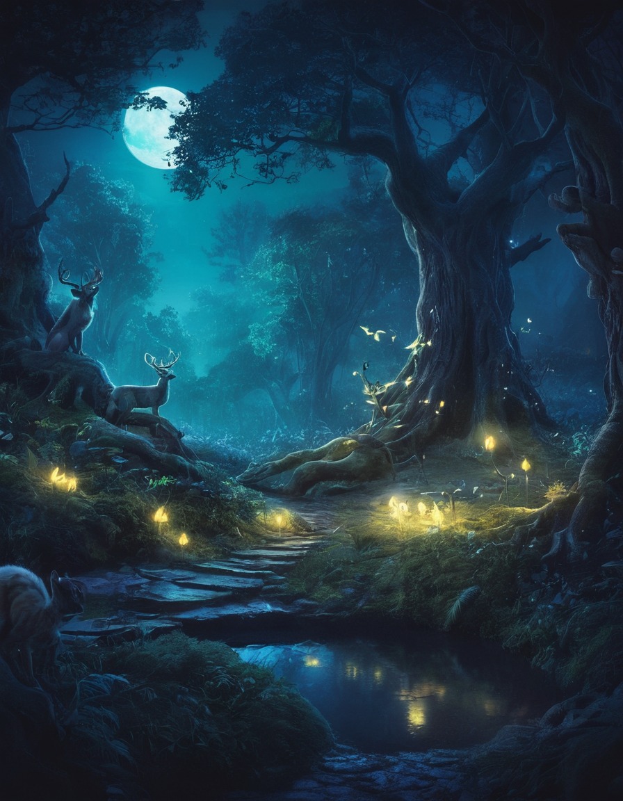 enchanted, forest, mythical creatures, moonlight, fantasy