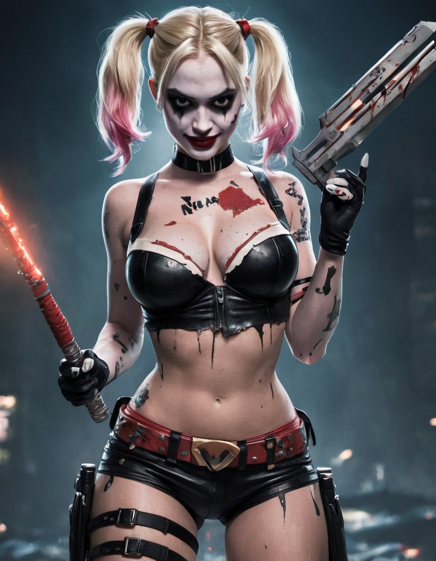 harley quinn, dc comics, superhero, ripped clothing, dynamic weapon