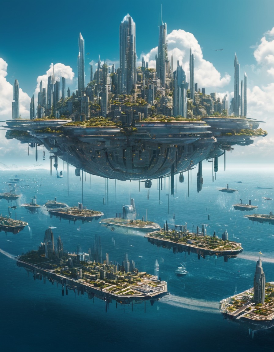 floating city, futuristic, ocean, renewable energy, advanced technology, future