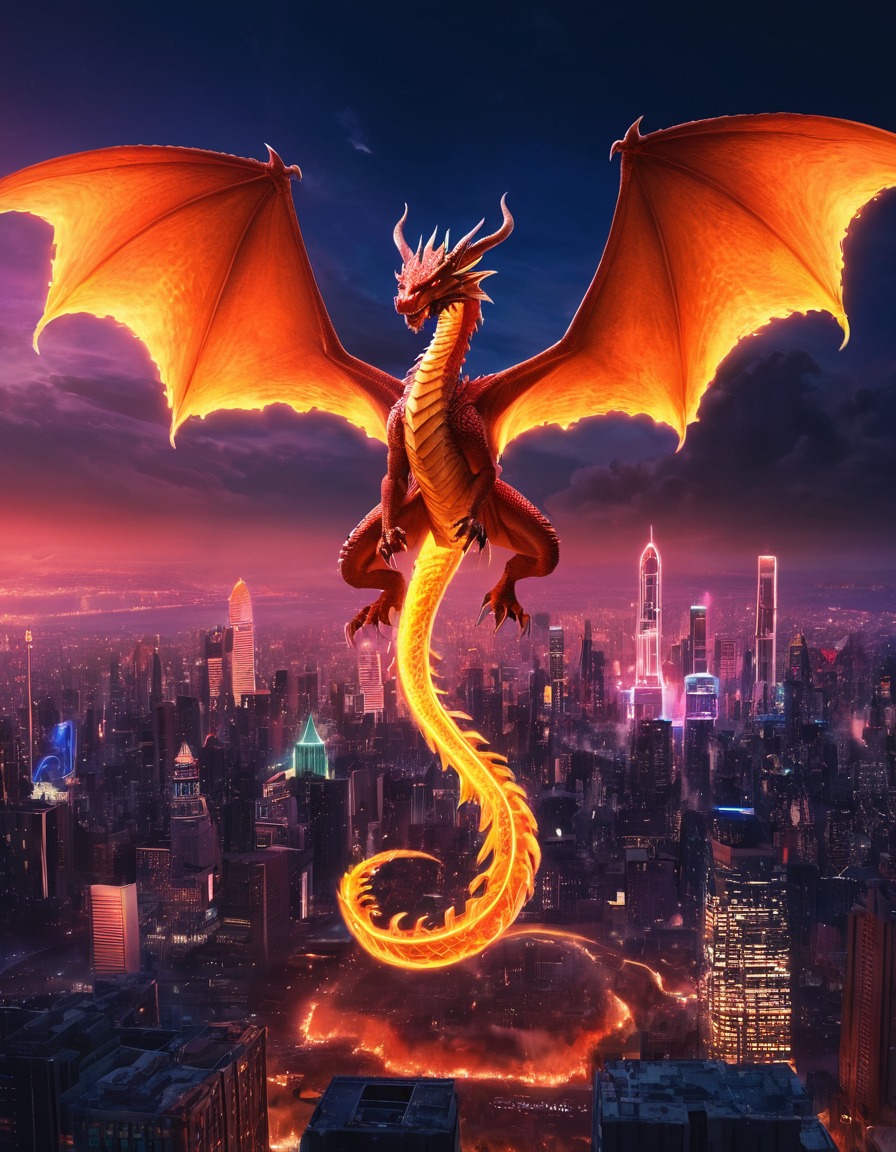 fantasy, dragon, fire, neon lights, city skyline, medieval, art