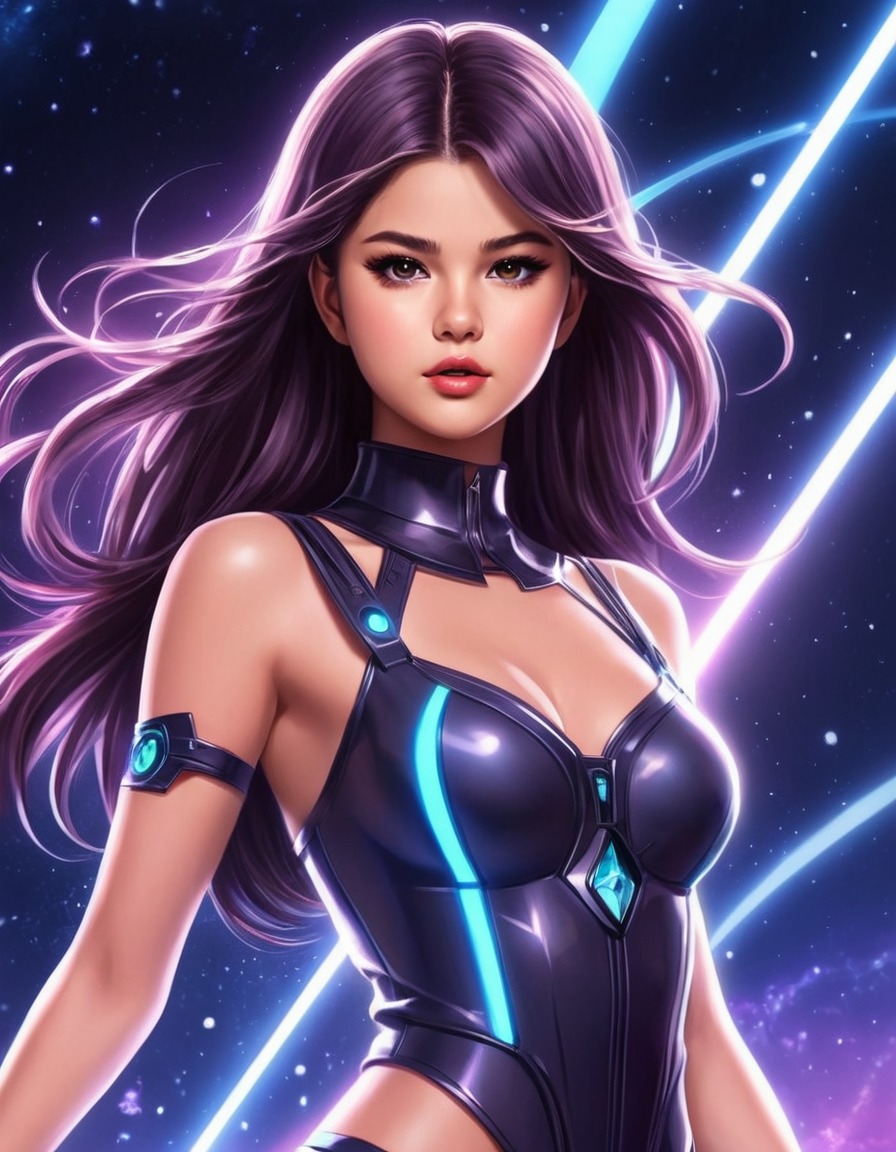 selena gomez, anime, magical powers, futuristic, outfit