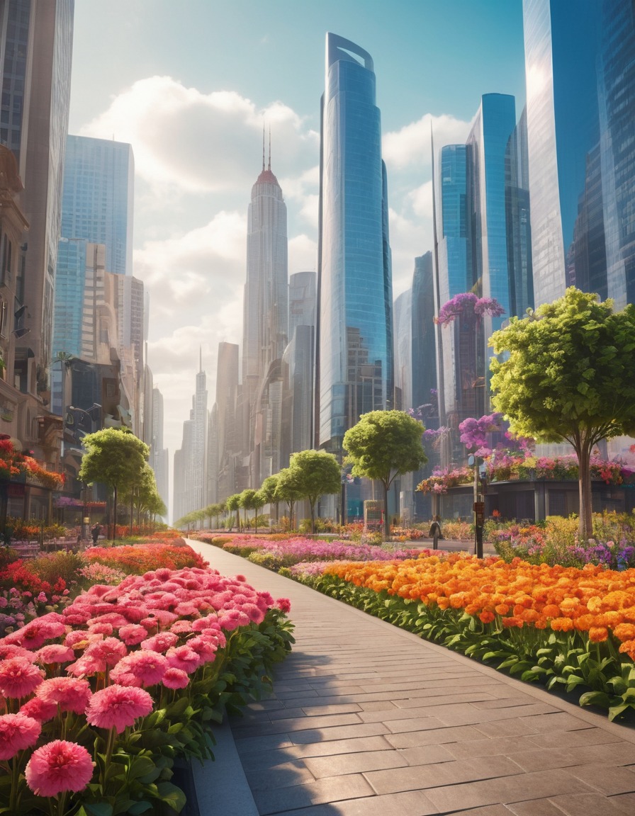 cityscape, urban, flowers, skyscrapers, nature, city