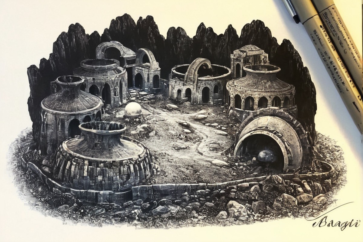 traditionalart, ink, inktober, blackandwhite, cave, frenchfries, hamburger, vessels