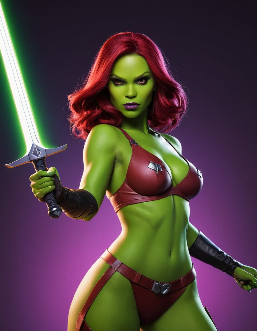 gamora, marvel, superhero, sword, glowing sword, pose, provocative pose , sexy, painted